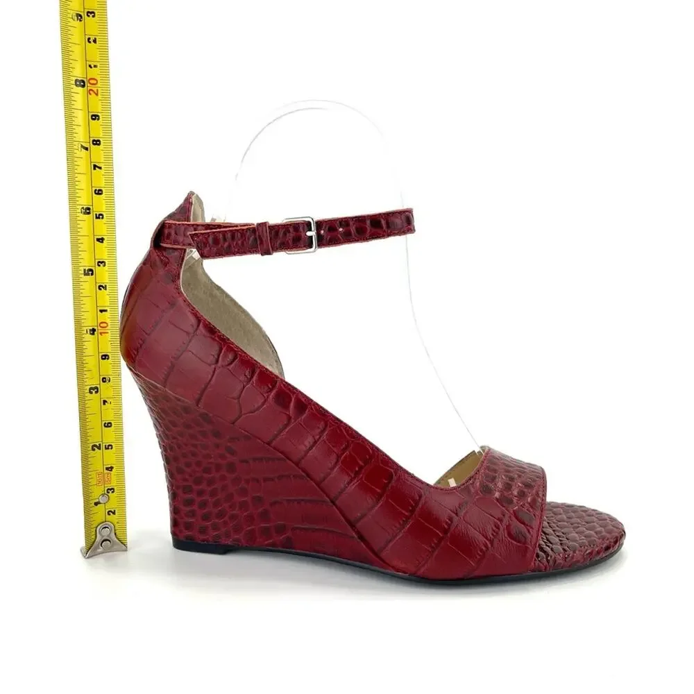 Farylrobin/Anthropologie D'Orsay Wedge Sandal Sz 7 Red Leather Embossed Open-Toe